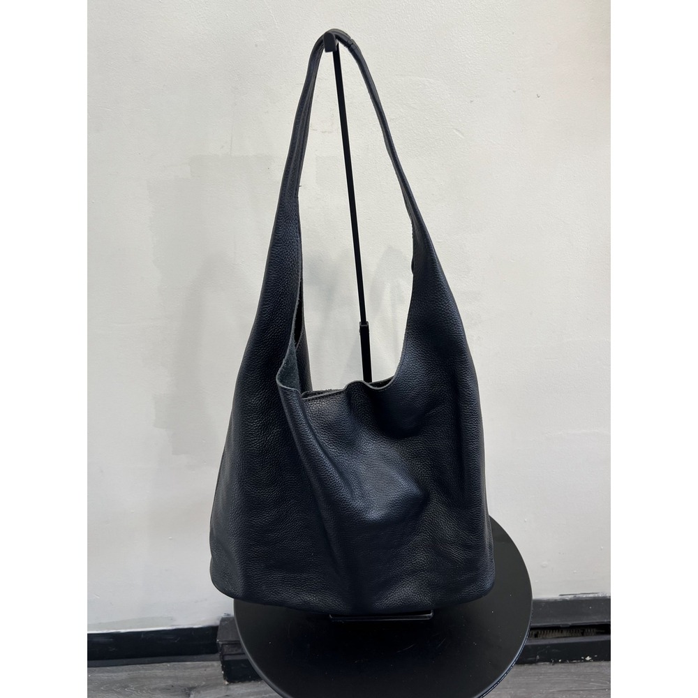Vintage Black Textured Leather Slouchy Hobo Shoulder Bag Purse